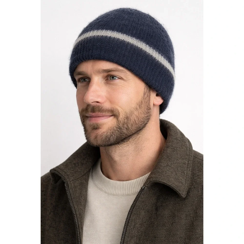 Vtg Wigwam Mohair Wool Blend Beanie Hat‎ Unisex OS Blue Striped Knit USA Retro